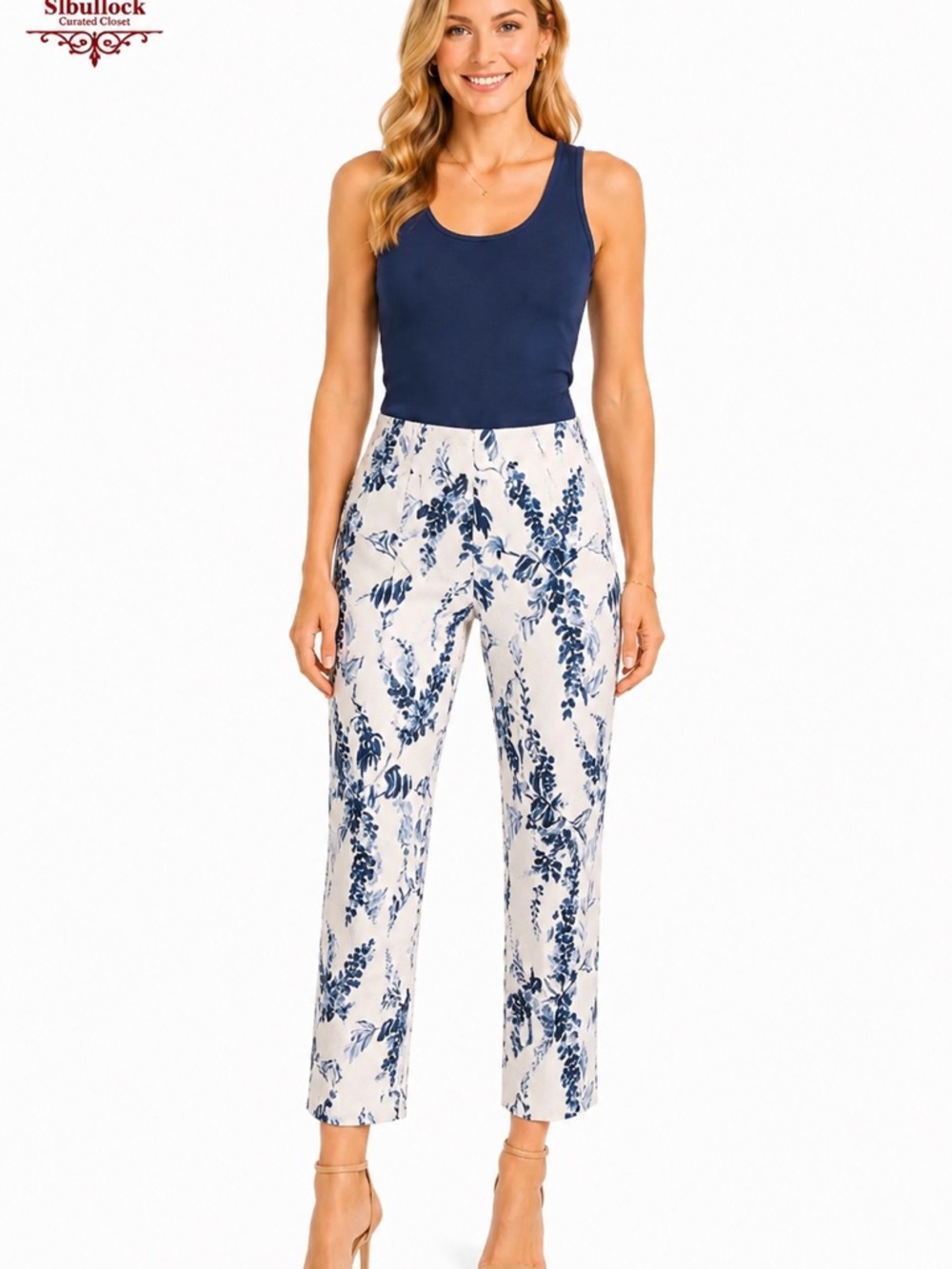 P27 Truth by Republic Floral Pull-On Stretch Ankle Pants Size M Blue & White Sl